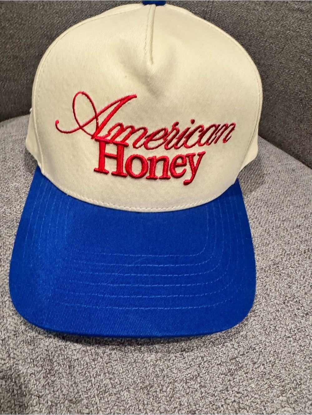 C.C Two-Tone Baseball Cap - Cream Crown, Blue Brim with Red Embroidery